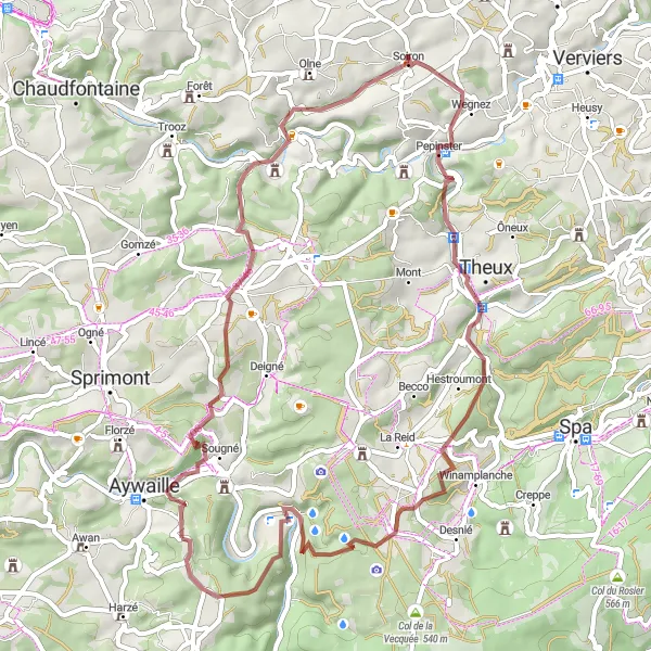 Map miniature of "Hotchamps Gravel Adventure" cycling inspiration in Prov. Liège, Belgium. Generated by Tarmacs.app cycling route planner