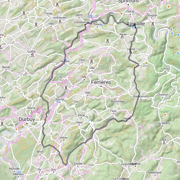 Miniature de la carte de l'inspiration cycliste "Route pittoresque à travers Harzé et Comblain-au-Pont" dans la Prov. Liège, Belgium. Générée par le planificateur d'itinéraire cycliste Tarmacs.app