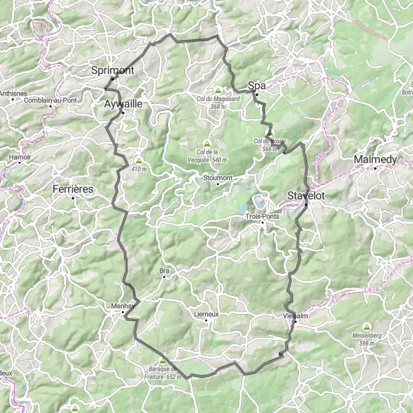 Map miniature of "The Ardennes Challenge" cycling inspiration in Prov. Liège, Belgium. Generated by Tarmacs.app cycling route planner