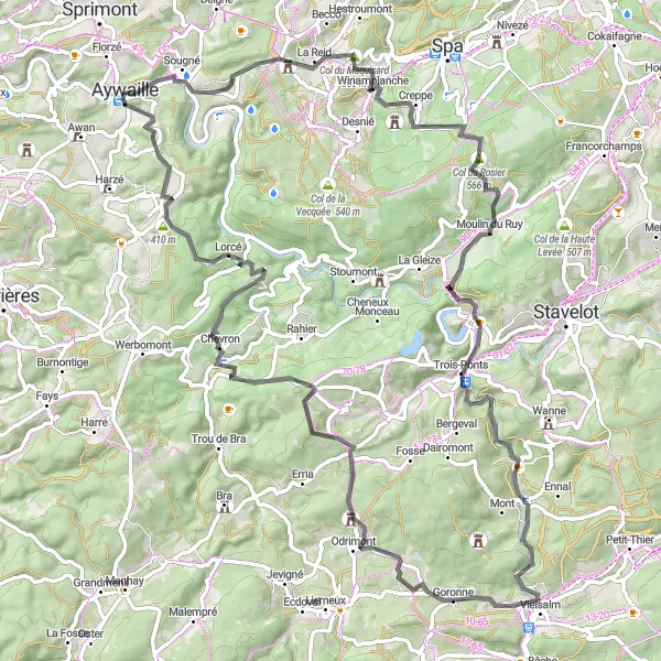 Miniature de la carte de l'inspiration cycliste "Aventure épique à travers le Col du Rosier et Aywaille" dans la Prov. Liège, Belgium. Générée par le planificateur d'itinéraire cycliste Tarmacs.app