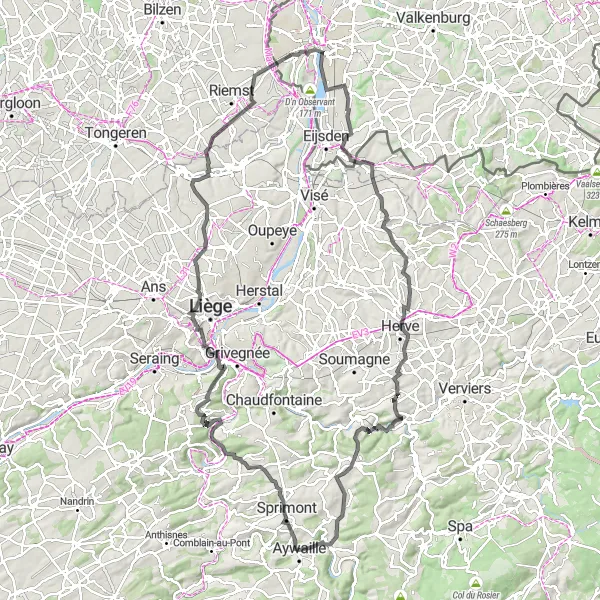 Miniatuurkaart van de fietsinspiratie "Uitdagende roadtrip van Aywaille naar Charneux en Cornesse" in Prov. Liège, Belgium. Gemaakt door de Tarmacs.app fietsrouteplanner
