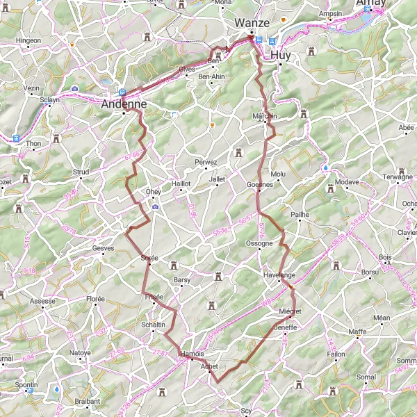 Miniature de la carte de l'inspiration cycliste "Les Châteaux et la Nature de la Vallée du Hoyoux" dans la Prov. Liège, Belgium. Générée par le planificateur d'itinéraire cycliste Tarmacs.app