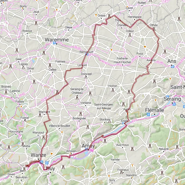 Miniature de la carte de l'inspiration cycliste "Parcours Gravel à travers la Campagne" dans la Prov. Liège, Belgium. Générée par le planificateur d'itinéraire cycliste Tarmacs.app