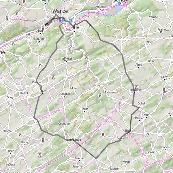 Map miniature of "Châteaux and Villages Loop" cycling inspiration in Prov. Liège, Belgium. Generated by Tarmacs.app cycling route planner