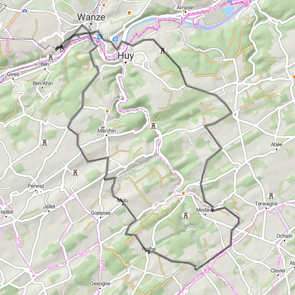 Miniature de la carte de l'inspiration cycliste "Les Châteaux et Paysages du Condroz" dans la Prov. Liège, Belgium. Générée par le planificateur d'itinéraire cycliste Tarmacs.app