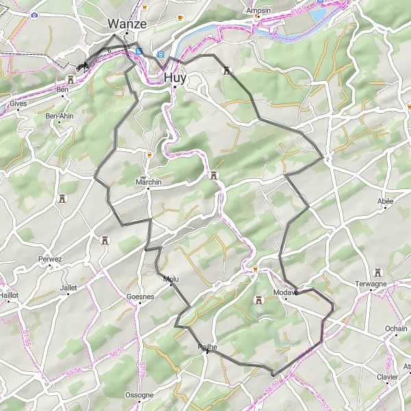 Map miniature of "Exploring the Condroz Region" cycling inspiration in Prov. Liège, Belgium. Generated by Tarmacs.app cycling route planner