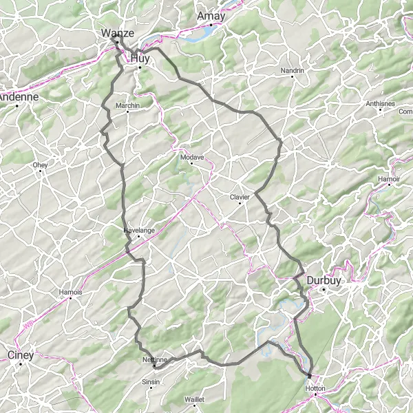 Miniature de la carte de l'inspiration cycliste "Parcours Nature de Tinlot" dans la Prov. Liège, Belgium. Générée par le planificateur d'itinéraire cycliste Tarmacs.app
