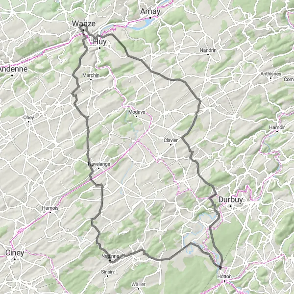 Miniatuurkaart van de fietsinspiratie "Kastelen en natuurpracht van Wanze" in Prov. Liège, Belgium. Gemaakt door de Tarmacs.app fietsrouteplanner