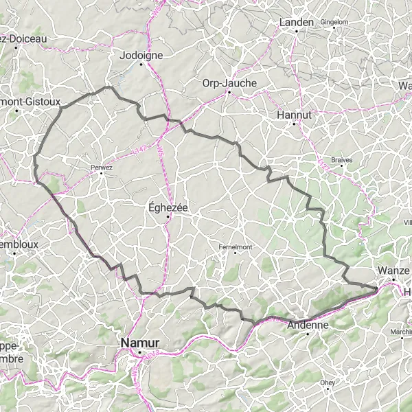 Map miniature of "Riverside Ride" cycling inspiration in Prov. Liège, Belgium. Generated by Tarmacs.app cycling route planner