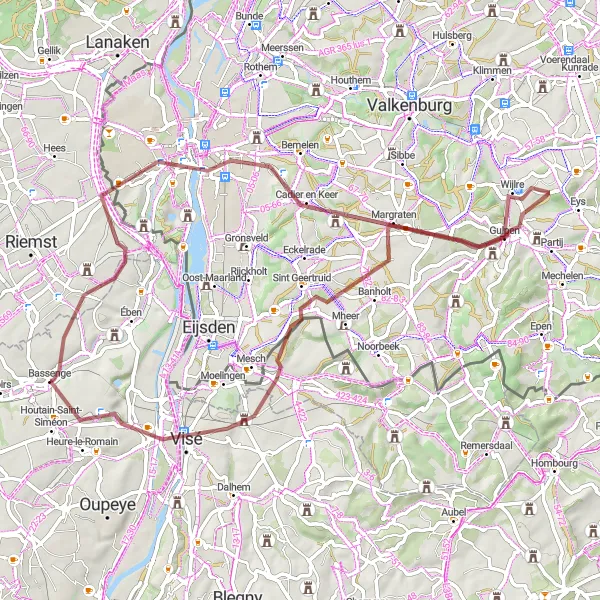 Map miniature of "Gravel Maastricht Adventure" cycling inspiration in Prov. Liège, Belgium. Generated by Tarmacs.app cycling route planner