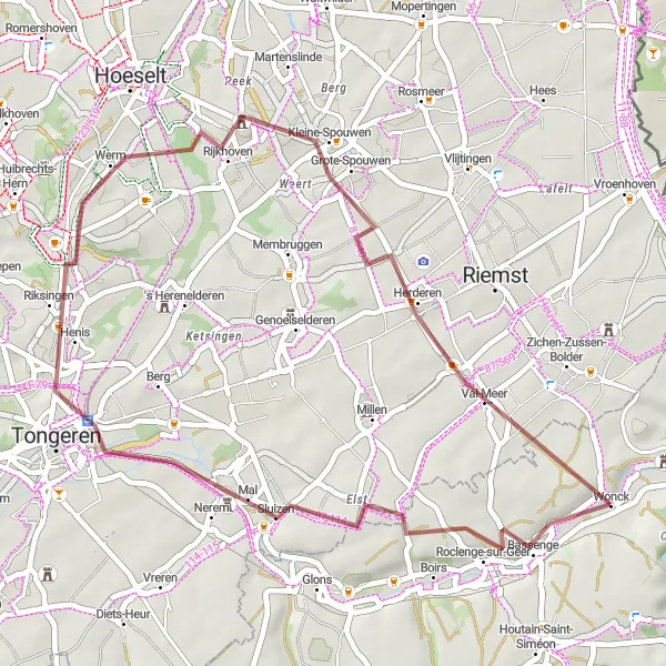 Miniature de la carte de l'inspiration cycliste "La campagne autour de Tongres" dans la Prov. Liège, Belgium. Générée par le planificateur d'itinéraire cycliste Tarmacs.app