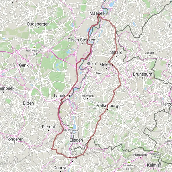 Miniature de la carte de l'inspiration cycliste "Les collines et châteaux de la Meuse" dans la Prov. Liège, Belgium. Générée par le planificateur d'itinéraire cycliste Tarmacs.app