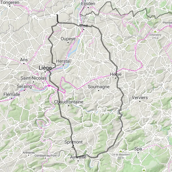 Map miniature of "Southeast Hills Loop" cycling inspiration in Prov. Liège, Belgium. Generated by Tarmacs.app cycling route planner