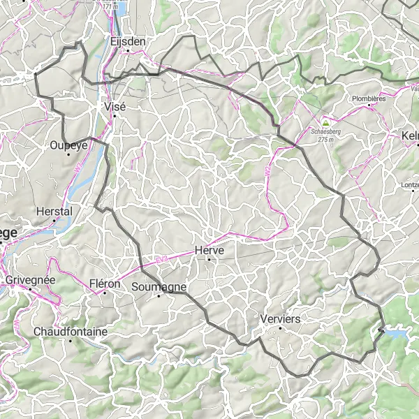 Karten-Miniaturansicht der Radinspiration "Roadtour durch Oupeye und Ensival" in Prov. Liège, Belgium. Erstellt vom Tarmacs.app-Routenplaner für Radtouren