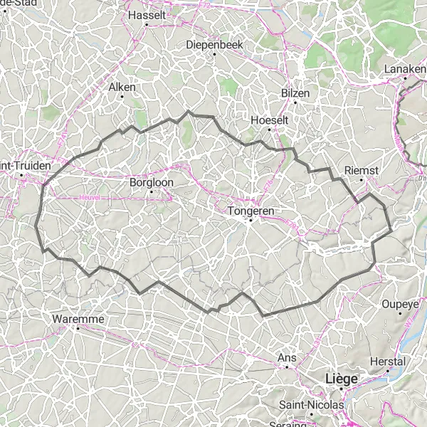 Miniature de la carte de l'inspiration cycliste "Randonnée routière entre Bassenge et différents villages" dans la Prov. Liège, Belgium. Générée par le planificateur d'itinéraire cycliste Tarmacs.app