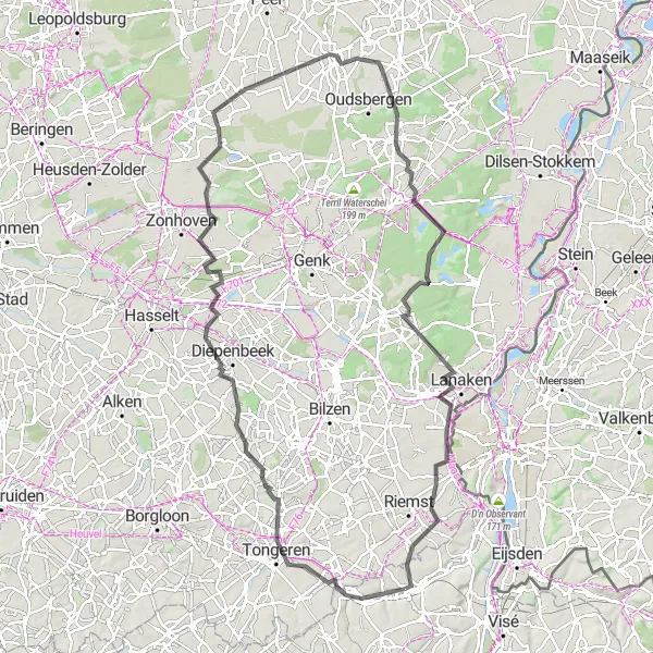 Map miniature of "Tongeren Gem Route" cycling inspiration in Prov. Liège, Belgium. Generated by Tarmacs.app cycling route planner