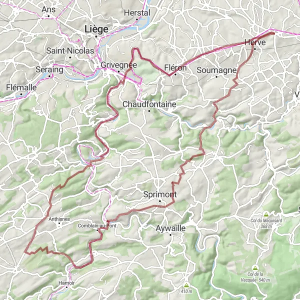 Miniature de la carte de l'inspiration cycliste "Aventure à Nessonvaux & Château de Lavaux" dans la Prov. Liège, Belgium. Générée par le planificateur d'itinéraire cycliste Tarmacs.app