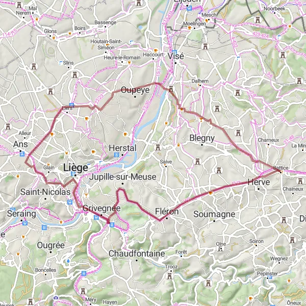 Miniatuurkaart van de fietsinspiratie "Avontuurlijke graveltocht vanuit Battice" in Prov. Liège, Belgium. Gemaakt door de Tarmacs.app fietsrouteplanner
