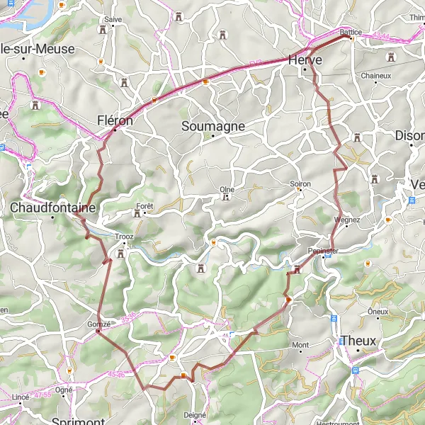 Karten-Miniaturansicht der Radinspiration "Rundfahrt ab Battice: Natur- und Kulturtour auf Gravelwegen" in Prov. Liège, Belgium. Erstellt vom Tarmacs.app-Routenplaner für Radtouren