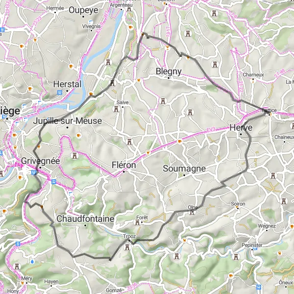 Map miniature of "Valley Views and Mining Delights" cycling inspiration in Prov. Liège, Belgium. Generated by Tarmacs.app cycling route planner