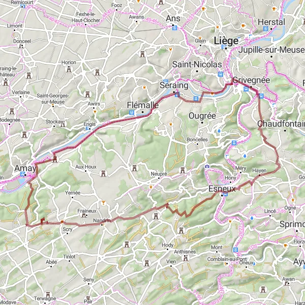 Karten-Miniaturansicht der Radinspiration "Schotterradroute von Beaufays nach Chênée und zurück" in Prov. Liège, Belgium. Erstellt vom Tarmacs.app-Routenplaner für Radtouren