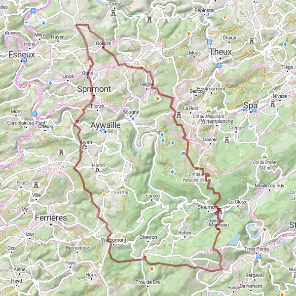 Map miniature of "Gravel Adventure near Beaufays" cycling inspiration in Prov. Liège, Belgium. Generated by Tarmacs.app cycling route planner