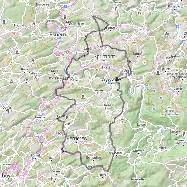 Map miniature of "The Road to Rivage" cycling inspiration in Prov. Liège, Belgium. Generated by Tarmacs.app cycling route planner