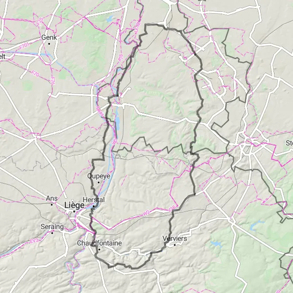 Miniature de la carte de l'inspiration cycliste "Le Grand Tour des Châteaux et Collines" dans la Prov. Liège, Belgium. Générée par le planificateur d'itinéraire cycliste Tarmacs.app