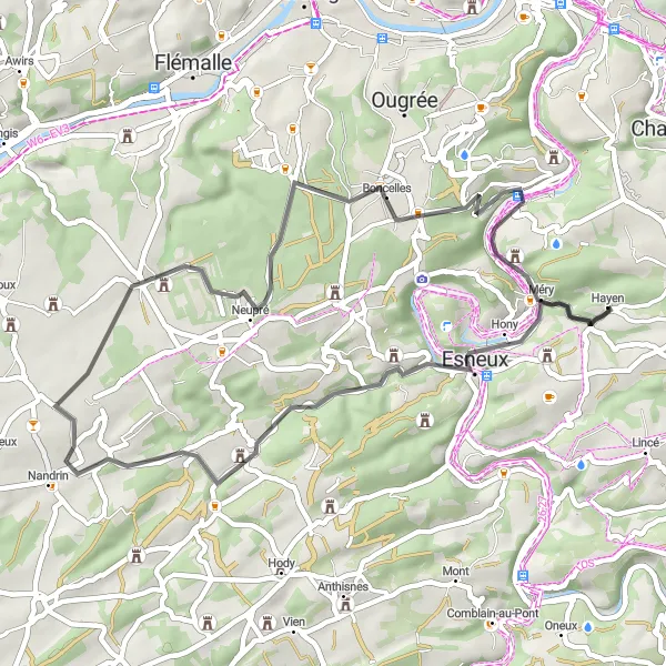 Karten-Miniaturansicht der Radinspiration "Kurze 44 km Rundfahrt von Beaufays" in Prov. Liège, Belgium. Erstellt vom Tarmacs.app-Routenplaner für Radtouren
