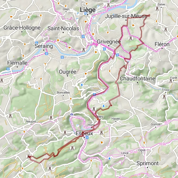 Miniature de la carte de l'inspiration cycliste "Randonnée gravier à travers Esneux" dans la Prov. Liège, Belgium. Générée par le planificateur d'itinéraire cycliste Tarmacs.app