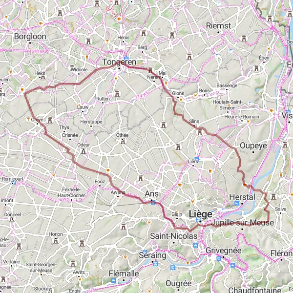 Map miniature of "Discovering Jupille-sur-Meuse and Slins on Gravel" cycling inspiration in Prov. Liège, Belgium. Generated by Tarmacs.app cycling route planner