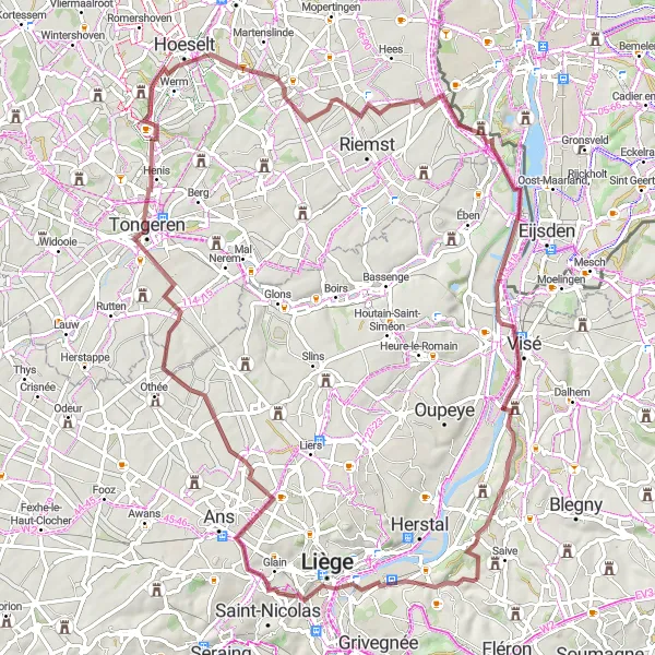 Map miniature of "Exploring Jupille-sur-Meuse and Tongeren on Gravel" cycling inspiration in Prov. Liège, Belgium. Generated by Tarmacs.app cycling route planner