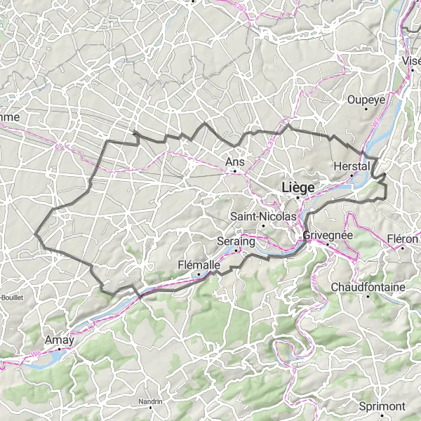 Map miniature of "The Meuse River Valley Loop" cycling inspiration in Prov. Liège, Belgium. Generated by Tarmacs.app cycling route planner