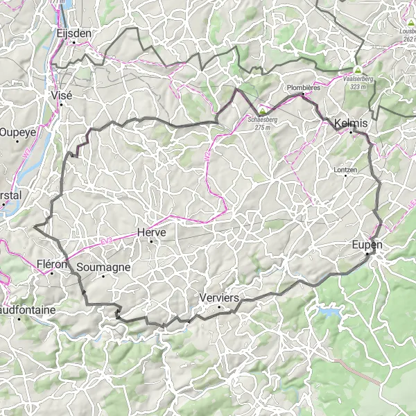 Map miniature of "Challenging Road Cycling through Saive and Wegnez" cycling inspiration in Prov. Liège, Belgium. Generated by Tarmacs.app cycling route planner