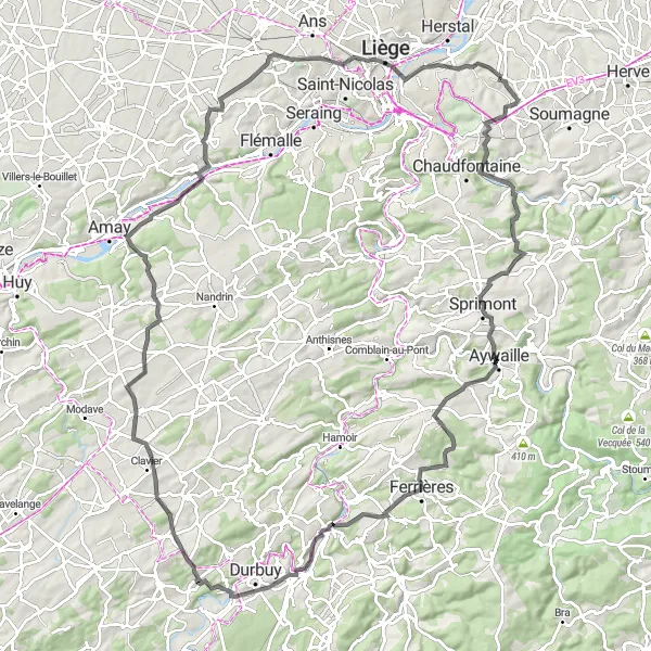 Miniatuurkaart van de fietsinspiratie "Uitdagende route van Stinval naar Jupille-sur-Meuse" in Prov. Liège, Belgium. Gemaakt door de Tarmacs.app fietsrouteplanner