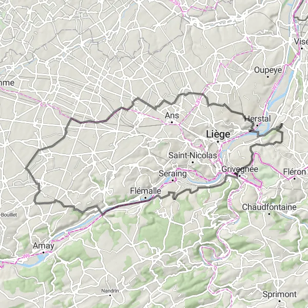 Map miniature of "Scenic Road Cycling in Grivegnée and Lantin" cycling inspiration in Prov. Liège, Belgium. Generated by Tarmacs.app cycling route planner