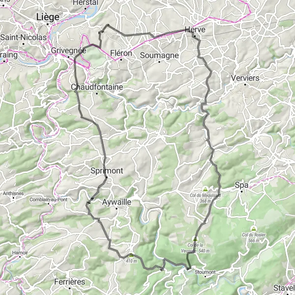 Map miniature of "The Vecquée Challenge" cycling inspiration in Prov. Liège, Belgium. Generated by Tarmacs.app cycling route planner