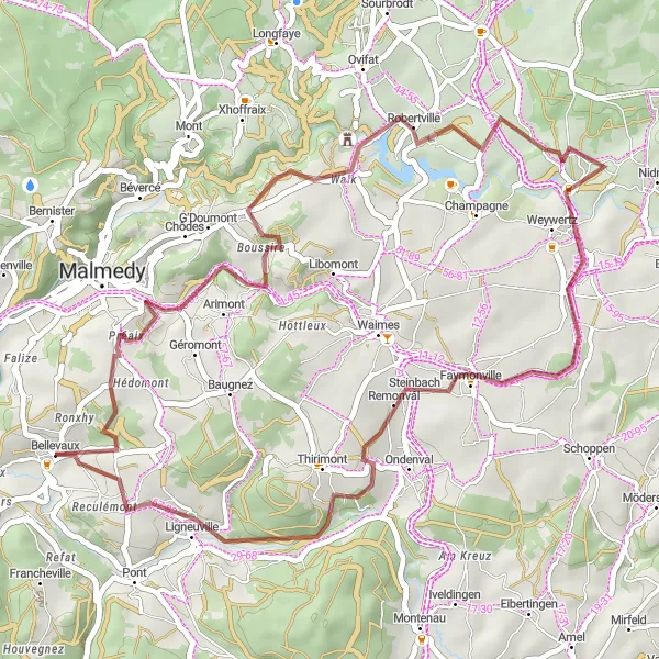 Miniatuurkaart van de fietsinspiratie "Gravelroute naar Faymonville" in Prov. Liège, Belgium. Gemaakt door de Tarmacs.app fietsrouteplanner