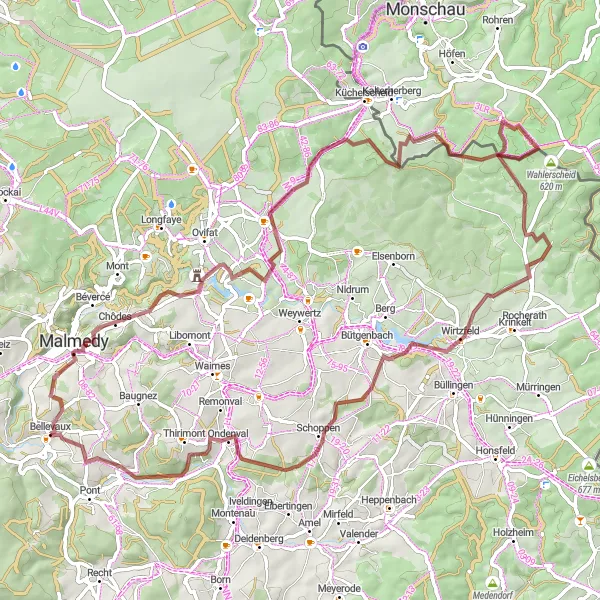 Karten-Miniaturansicht der Radinspiration "Episches Gravel-Abenteuer um Bellevaux-Ligneuville" in Prov. Liège, Belgium. Erstellt vom Tarmacs.app-Routenplaner für Radtouren