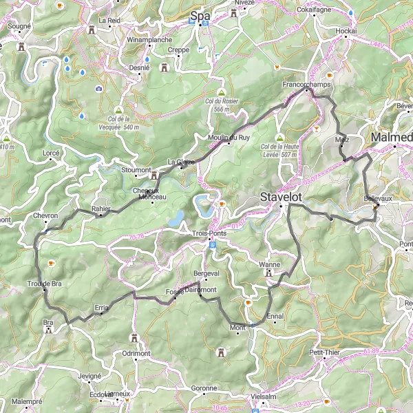 Miniatuurkaart van de fietsinspiratie "Wegroute naar Francorchamps" in Prov. Liège, Belgium. Gemaakt door de Tarmacs.app fietsrouteplanner