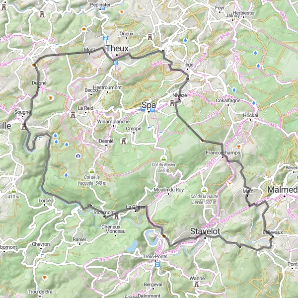 Miniature de la carte de l'inspiration cycliste "Route des Châteaux de l'Ourthe" dans la Prov. Liège, Belgium. Générée par le planificateur d'itinéraire cycliste Tarmacs.app