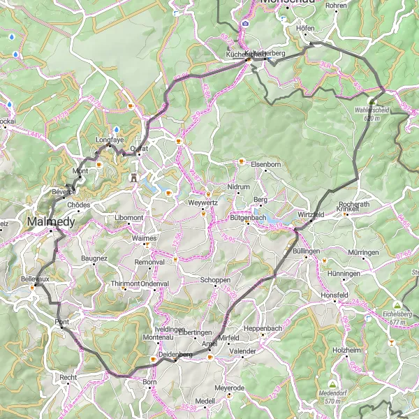 Karten-Miniaturansicht der Radinspiration "Herausfordernde Ardennenrunde" in Prov. Liège, Belgium. Erstellt vom Tarmacs.app-Routenplaner für Radtouren