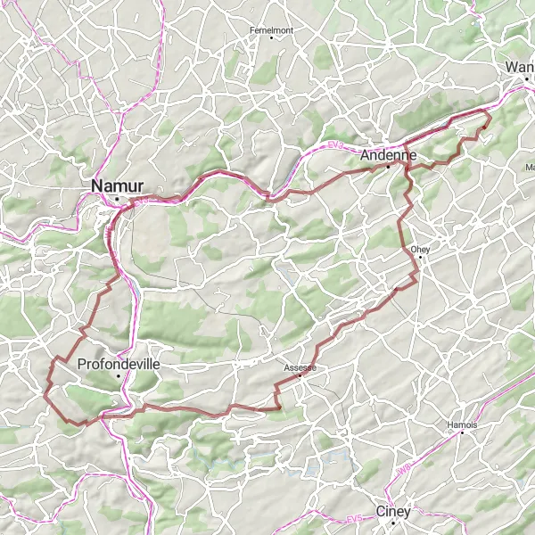 Miniature de la carte de l'inspiration cycliste "Les Chemins de Gravier de la Meuse" dans la Prov. Liège, Belgium. Générée par le planificateur d'itinéraire cycliste Tarmacs.app