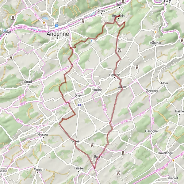 Miniatuurkaart van de fietsinspiratie "Gravelroute van Ben-Ahin naar Béole en Coutisse" in Prov. Liège, Belgium. Gemaakt door de Tarmacs.app fietsrouteplanner