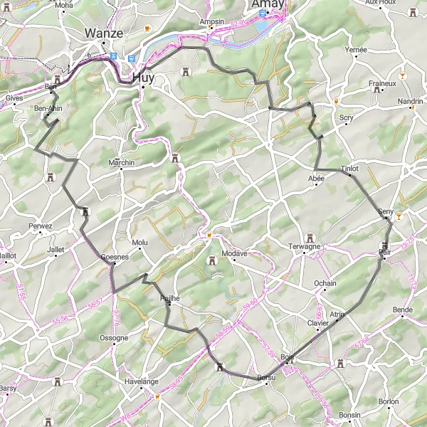 Karten-Miniaturansicht der Radinspiration "Schlösser und Landschaften" in Prov. Liège, Belgium. Erstellt vom Tarmacs.app-Routenplaner für Radtouren