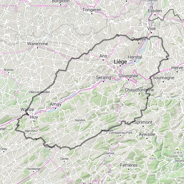 Miniature de la carte de l'inspiration cycliste "Le Défi des Côtes de Liège" dans la Prov. Liège, Belgium. Générée par le planificateur d'itinéraire cycliste Tarmacs.app