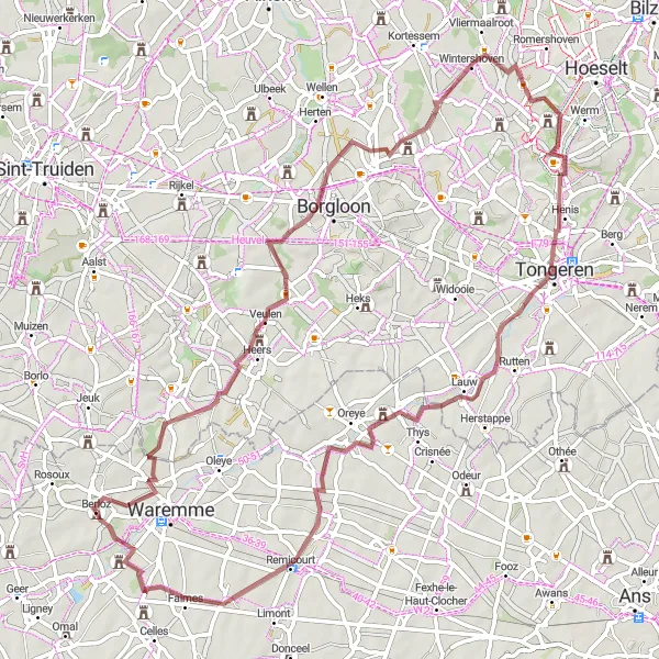 Map miniature of "Gravel Adventure to Tongeren" cycling inspiration in Prov. Liège, Belgium. Generated by Tarmacs.app cycling route planner