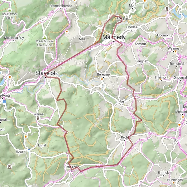 Map miniature of "Bévercé and Surroundings" cycling inspiration in Prov. Liège, Belgium. Generated by Tarmacs.app cycling route planner