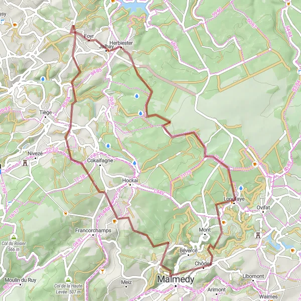 Map miniature of "Bévercé Gravel Adventure" cycling inspiration in Prov. Liège, Belgium. Generated by Tarmacs.app cycling route planner