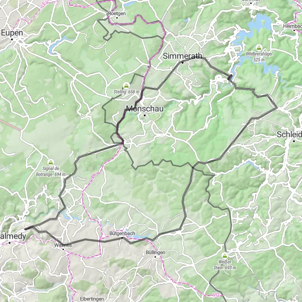 Map miniature of "Bévercé Road Challenge" cycling inspiration in Prov. Liège, Belgium. Generated by Tarmacs.app cycling route planner